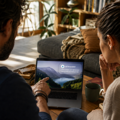Etichetta di trasparenza su contenuti generati con l'AI mostrata su un laptop. Due persone osservano su un laptop un'etichetta "AI Generated" che segnala un contenuto creato con l'intelligenza artificiale.