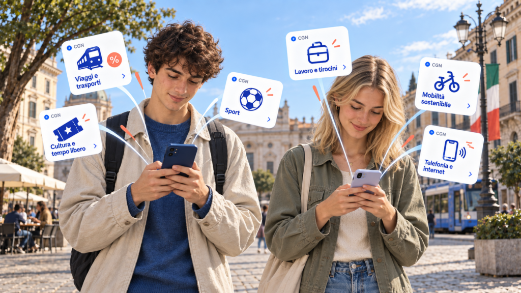 Giovane ragazza e ragazzo che utilizzano l’app IO dai loro smartphone per accedere a Carta Giovani Nazionale e alle opportunità dedicate ai diciottenni