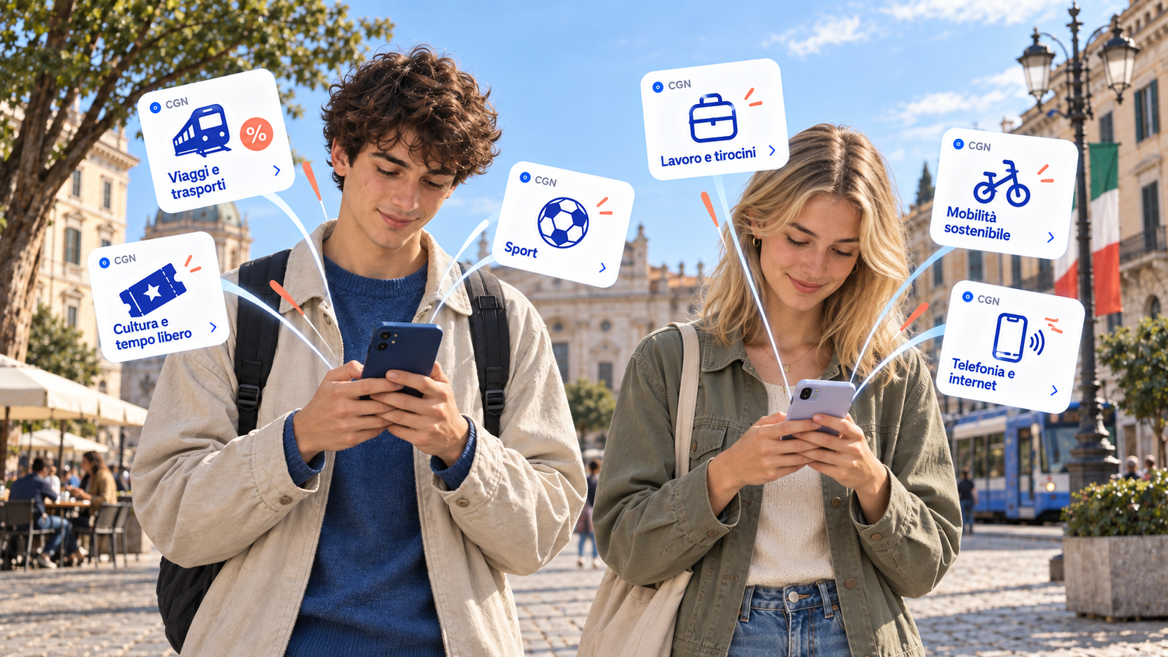 Giovane ragazza e ragazzo che utilizzano l’app IO dai loro smartphone per accedere a Carta Giovani Nazionale e alle opportunità dedicate ai diciottenni